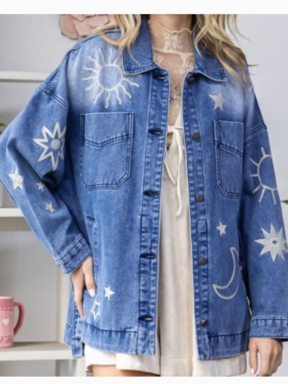 NWOT Veveret Sun Star Moon Embroidered Denim Jean Jacket, Blue | Size Small